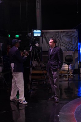 HR leader Andres Astralaga chats with stage manager Puma Nelson on the set of the NFL Network in Culver City, CA.