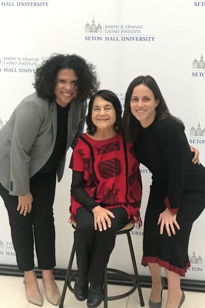 Alicia Menendez and Juleyka Lantigua-Williams with Dolores Huerta at live recording of Latina to Latina podcast