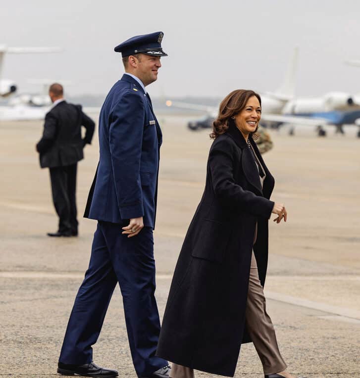 United States Vice President Kamala Harris accompanied by an Air Force Officer at the Kirtland Air Force Base in Albuquerque, NM.