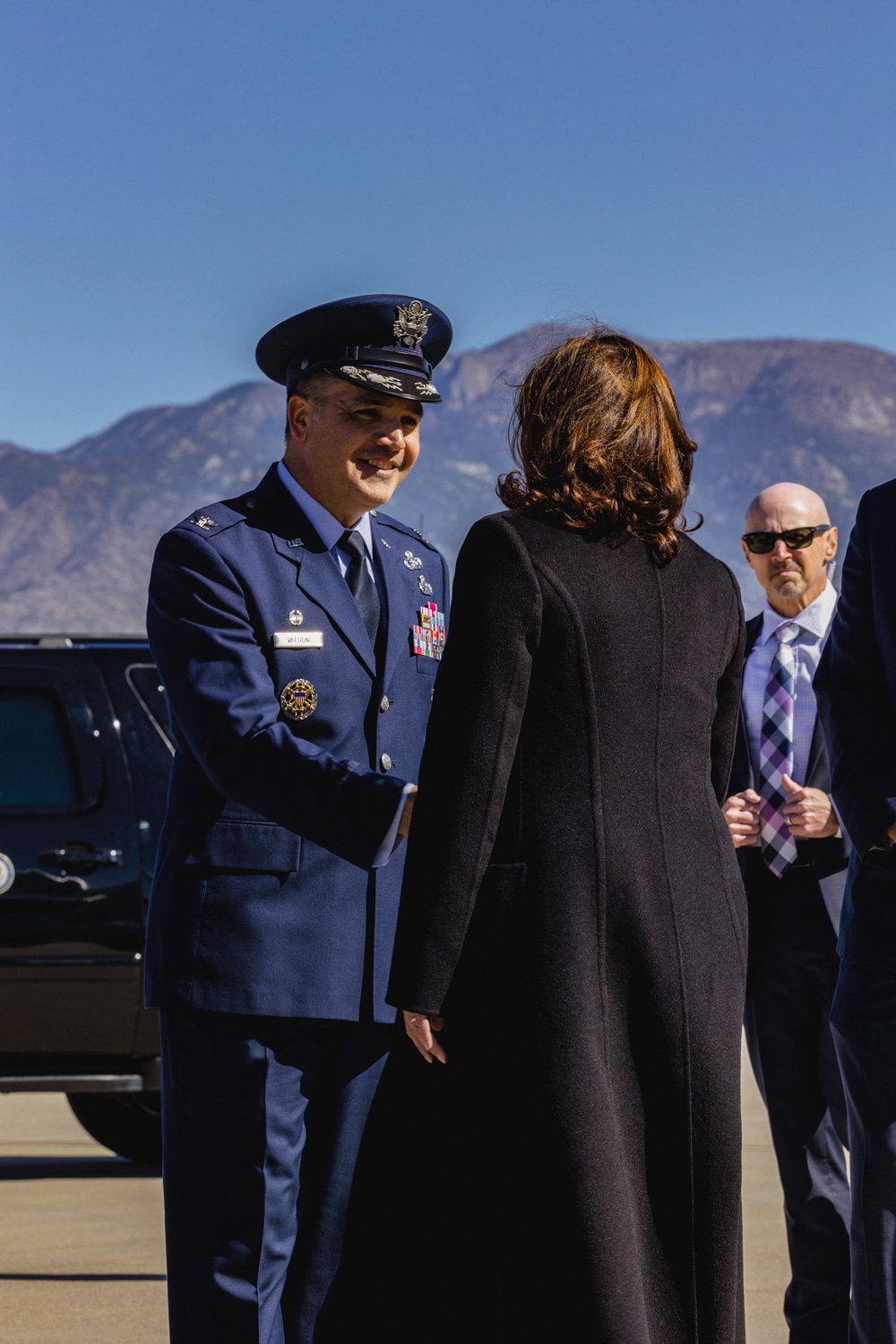 United States Vice President Kamala Harris shaking hands with a Latino Air Force Officer at the Kirtland Air Force Base in Albuquerque, NM.