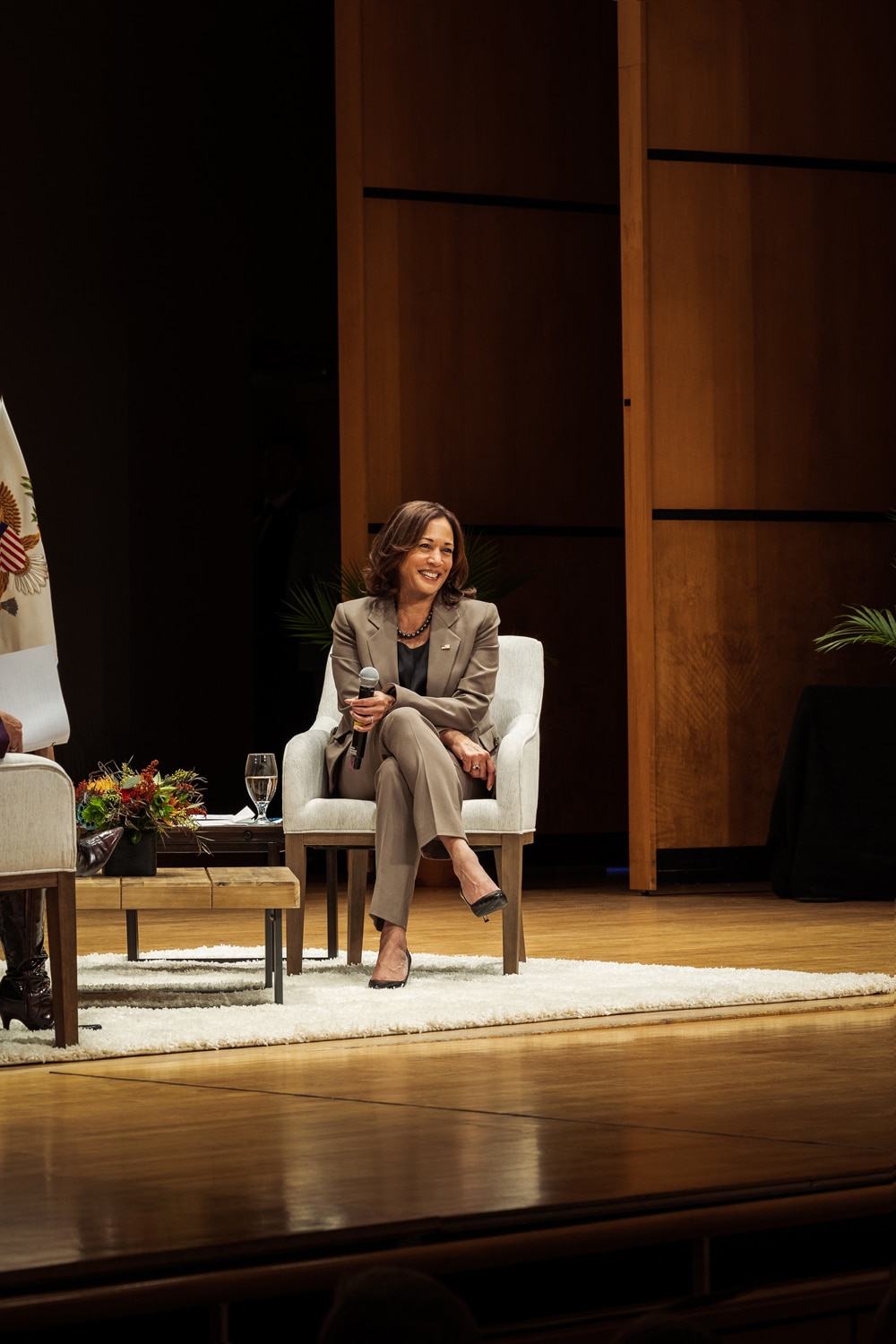 Vice President Kamala Harris on stage at a moderated discussion at the University of New Mexico.