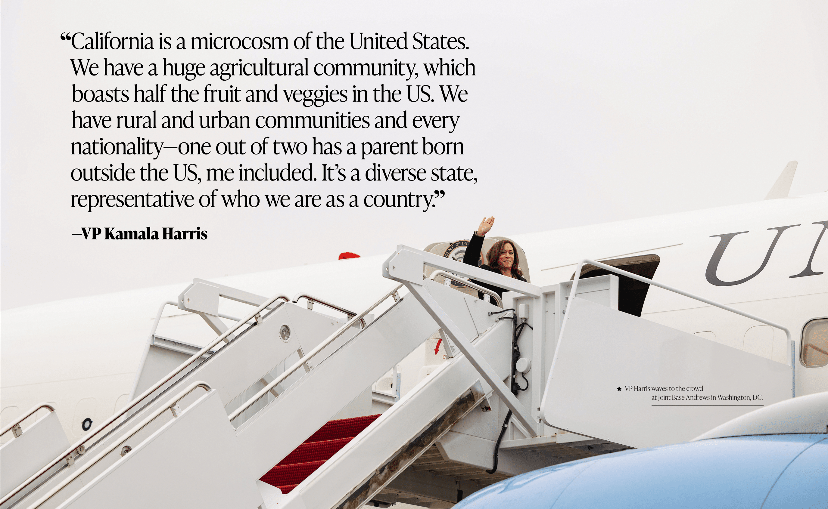 Kamala Harris quote for The New Majority podcast by Hispanic Executive discussing California’s diversity as a microcosm of the US