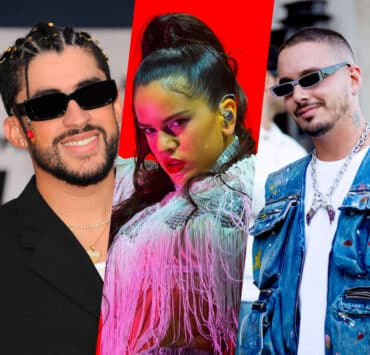 A collage of singers Bad Bunny, Rosalia, and J Balvin