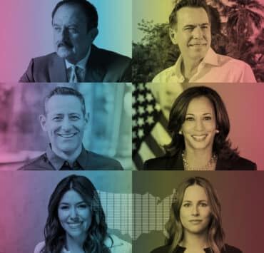 Collage of our top six guests for The Latino Majority podcast. In order from top left: Sol Trujillo, Orlando Bravo, Bobby Herrera, VP Kamala Harris, Camille Vasquez, Alicia Menendez