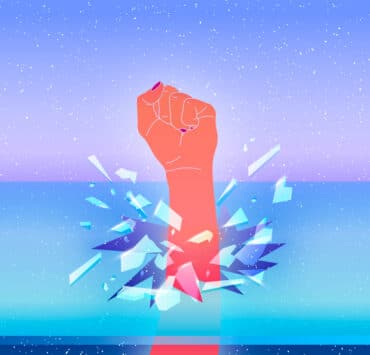 A woman's fist breaks through the glass ceiling, shattering it.