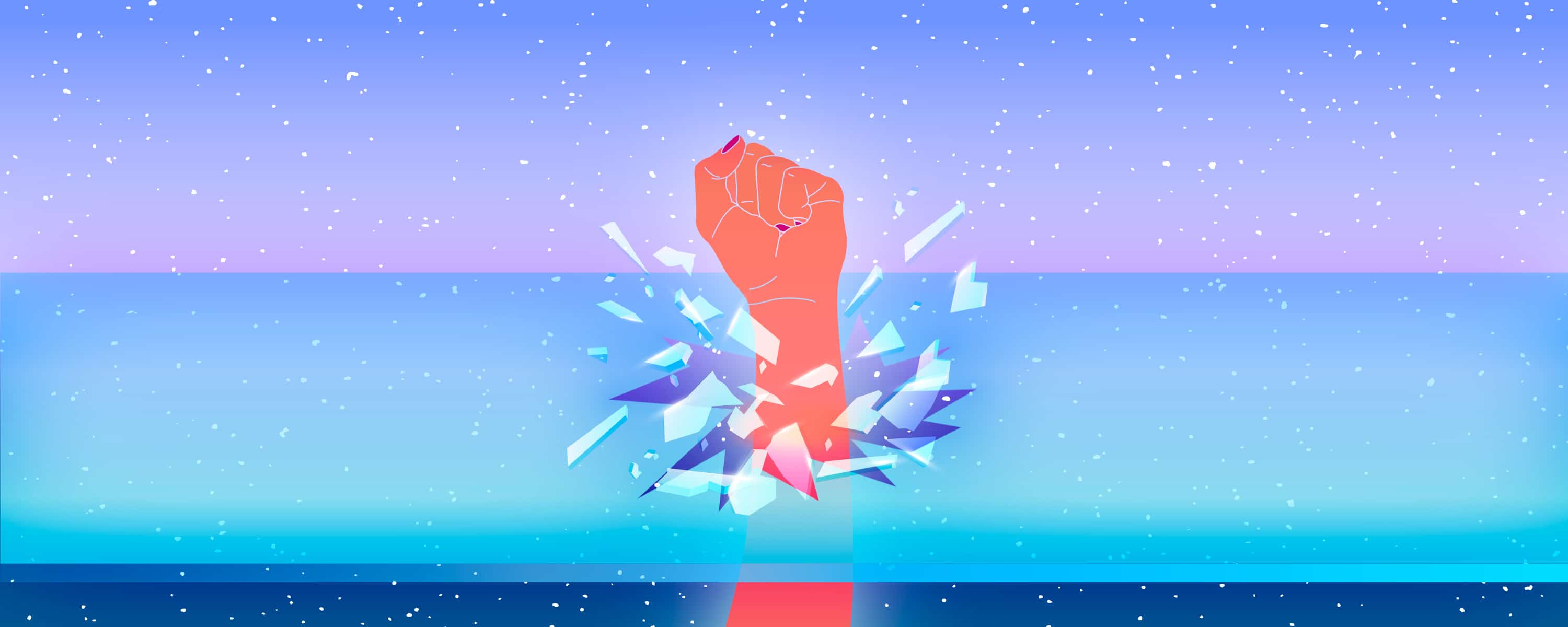 A woman's fist breaks through the glass ceiling, shattering it.