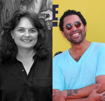 Latino public artists Judy Baca and Retna Marquis Lewis are pictured in a collage—Baca in black and white and Retna in vibrant color