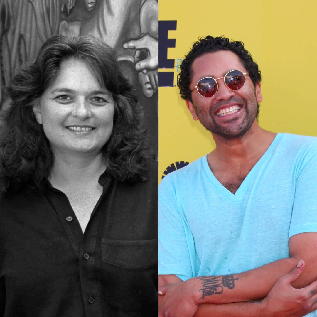 Latino public artists Judy Baca and Retna Marquis Lewis are pictured in a collage—Baca in black and white and Retna in vibrant color