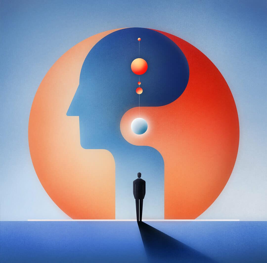 A black silhoutte of a man is positioned in front of a large circle/side profile of a person that is vibrant in shades of blue and orange.