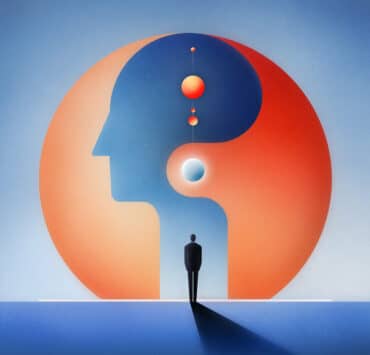 A black silhoutte of a man is positioned in front of a large circle/side profile of a person that is vibrant in shades of blue and orange.