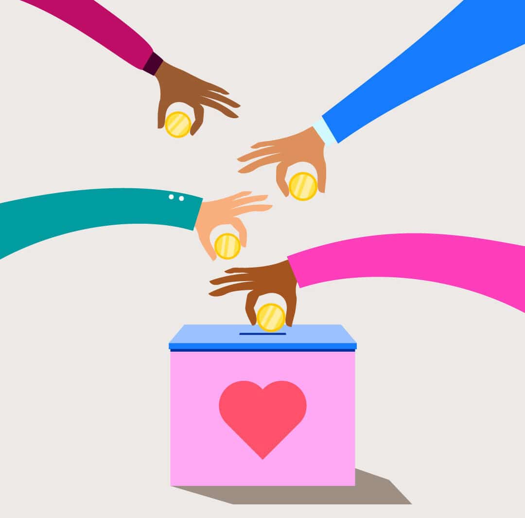 Giving Tuesday Guide illustration of people placing coins in a box with a heart on the side