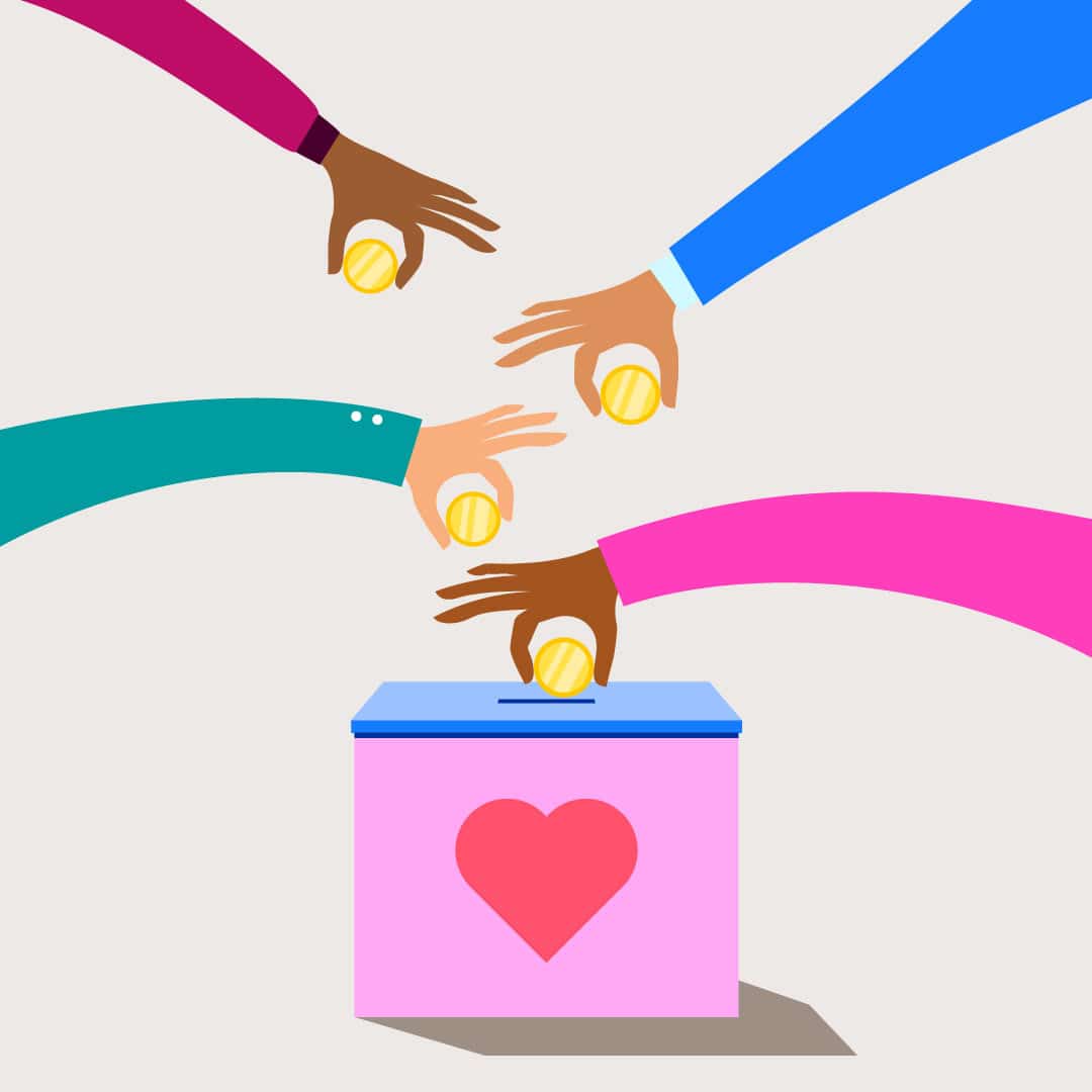 Giving Tuesday Guide illustration of people placing coins in a box with a heart on the side